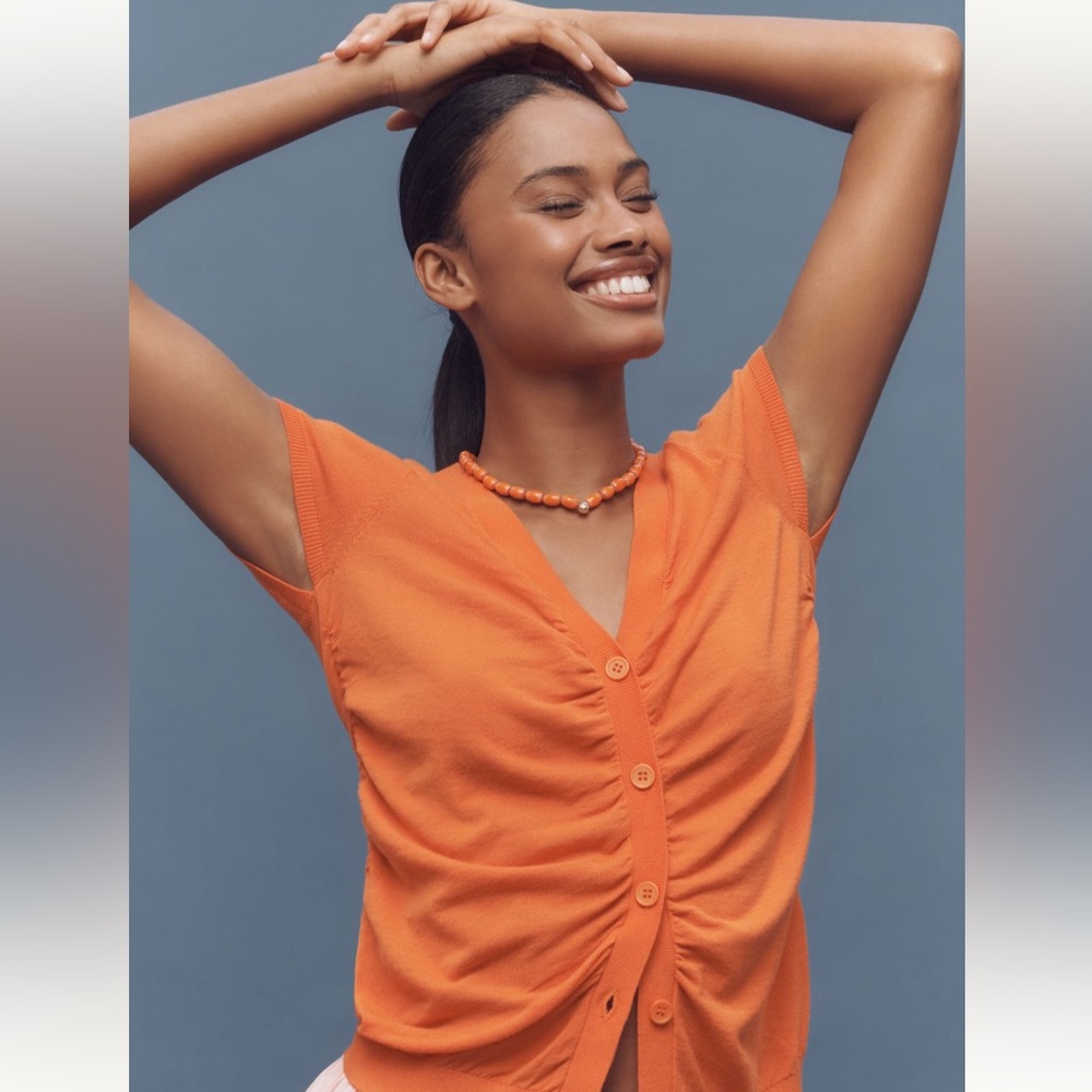 Anthropologie Cardigan Ruched Short-sleeve V-Neck Sweater